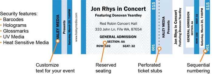 Event ticket with text customization, perforation and sequential numbering