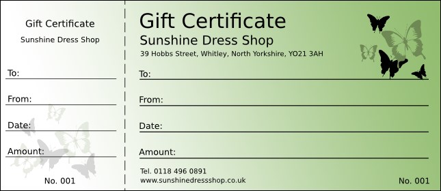 Butterfly Gift Certificate Product Front