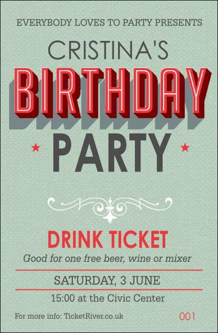 Birthday Party Green Drink Ticket Product Front