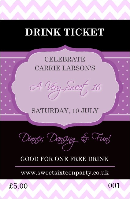 Sweet Sixteen Purple Chevron Drink Ticket