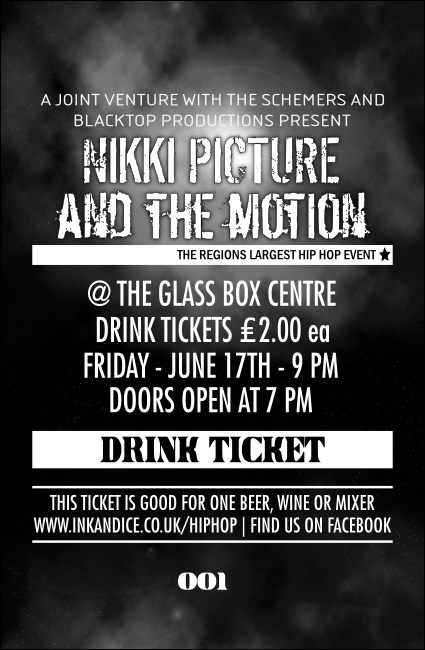Galaxy Hip Hop Black and White Club Drink Ticket Product Front
